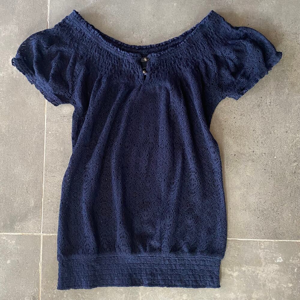 Lucky Brand S Dark Blue Crochet Knit Smocked Neckline Babydoll Top